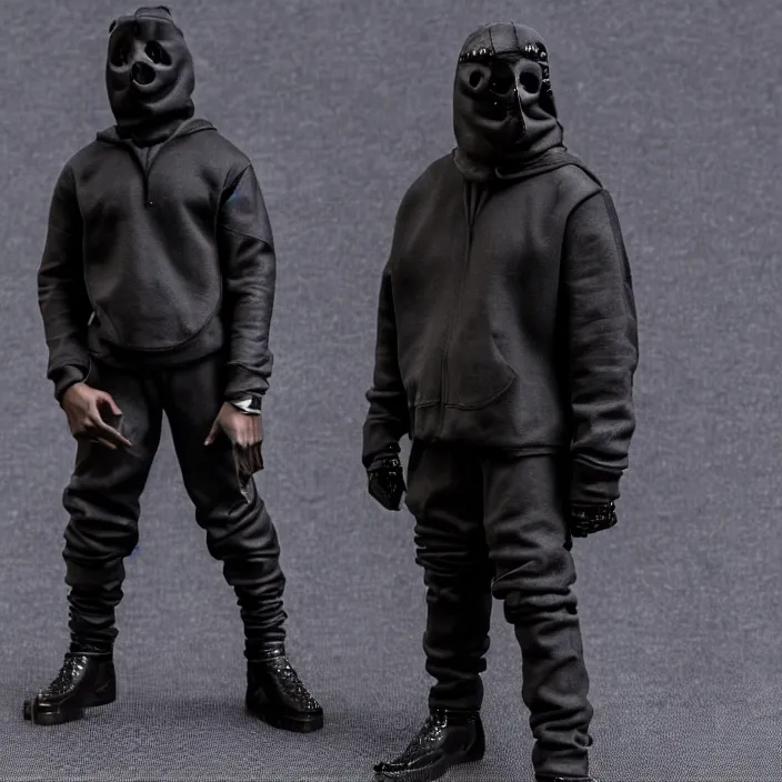 Image similar to kanye west using a black mask with small holes, a black shirt, a black undersize hoodie and black rubber boots, a hot toys figure of kanye west using a black mask with small holes, a black shirt, a black undersize hoodie and black rubber boots, figurine, detailed product photo