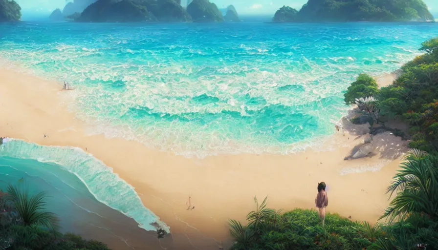 Image similar to A highly detailed matte oil painting of a pristine beach by Mokoto Shinkai, hyperrealistic, breathtaking, beautiful composition, by Artgerm, by beeple, by Studio Ghibli, volumetric lighting, octane render, 4K resolution, trending on artstation