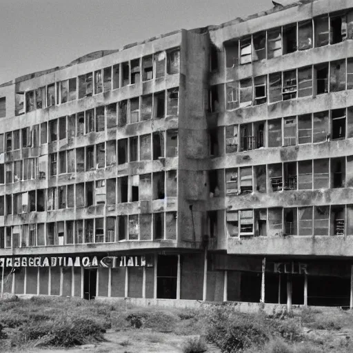 Image similar to brutalist buildings, rundown buildings, orwellian dystopia, totalitarian murals on building walls, hooligans with shaggy hair and blue suits, 1 9 7 1 cinematic, 8 mm photo lens, kodak