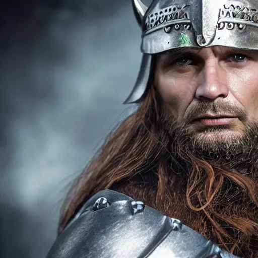 Image similar to of a viking from valhalla, wearing the horned helmet ultra fine detail, hair strands, ultra high resolution, fine texture detail, miniature painting techniques, perfect proportions, marvel cinematic universe, eric bana