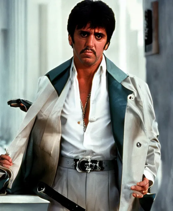 Image similar to full body portrait. tony montana from movie scarface 1 9 8 3. al pacino, perfect symmetric face, coherent eyes, fine details., 4 k, ron cobb. cinestill