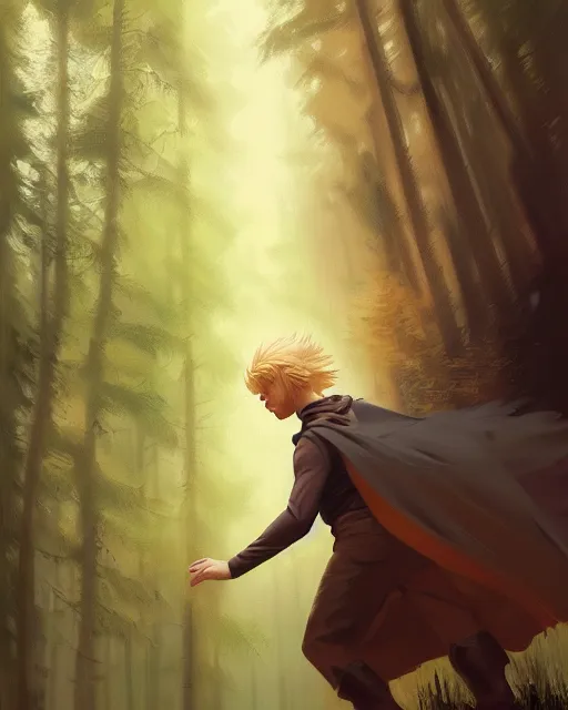 Image similar to masterpiece concept art, blonde boy wearing a brown cape and flying, forest background, emotional, cinematic moody colors, realistic shaded lighting poster by ilya kuvshinov, magali villeneuve, artgerm, jeremy lipkin and michael garmash and rob rey