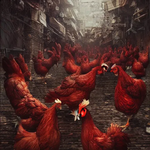 Image similar to chickens growing out of red mushroom, highly detailed, illustration, sci - fi art, cyberpunk, in the style of greg rutkowski, epic, realistic, intricate, hyper detailed, artstation, concept art, smooth, sharp focus, ray tracing