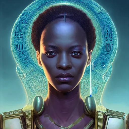 Image similar to symmetry!! highly detailed portrait of an african egyptian goddess, intricate alien technology, stephen bliss, unreal engine, fantasy art by greg rutkowski, loish, rhads, ferdinand knab, makoto shinkai and lois van baarle, ilya kuvshinov, rossdraws, tom bagshaw, global illumination, radiant light, detailed and intricate environment