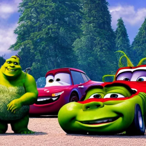 Prompt: shrek in the movie cars