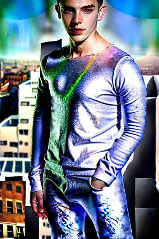 Image similar to un ultra high definition studio quality photographic art portrait of a young man standing on the rooftop of a british apartment building wearing soft padded silver pearlescent clothing. three point light. extremely detailed. golden ratio, ray tracing, volumetric light, shallow depth of field. set dressed.