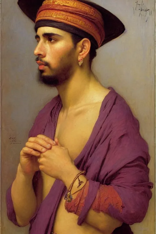 Prompt: Portrait of a young muscular Moroccan man with blue eyes, an earring and a fez hat holding a snake, orientalist, victor Nizovtsev, bouguereau