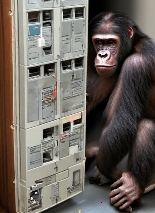 Image similar to scary hybrid human - ape, half human half ape inside fuse box in post communist apartment building