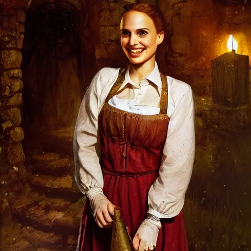 Prompt: young, freckled, curly haired, redhead Natalie Portman as a optimistic!, cheerful, giddy medieval innkeeper in a dark medieval inn. dark shadows, colorful, candle light, law contrasts, fantasy concept art by Jakub Rozalski, Jan Matejko, and J.Dickenson