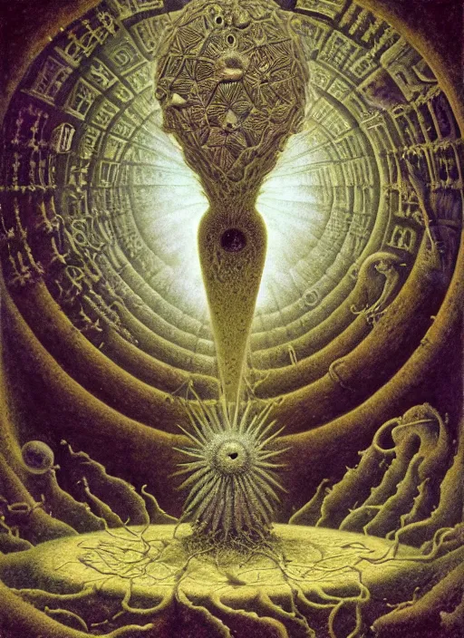 Image similar to antediluvian occult cosmology, panspermia, by remedios varo and daniel arsham and robert hooke and ernst haeckel and agostino arrivabene and joaquin sorolla and martin johnson heade, rule of thirds, vivid colours, negative space, atmospheric, digital painting, artstation, concept art, smooth, sharp focus