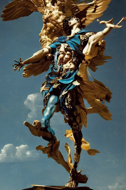 Image similar to a young handsome Spanish metal android with a large glowing battery in the center of his chest in a full-body bronze cyberpunk style statue of Icarus with glowing blue eyes, crown of peach roses, flowing teal-colored silk, fabric, flowers. baroque elements, human skull. full-length view. baroque element. intricate artwork by caravaggio. many flying horses on background. Trending on artstation, octane render, cinematic lighting from the right, hyper realism, octane render, 8k, depth of field, 3D