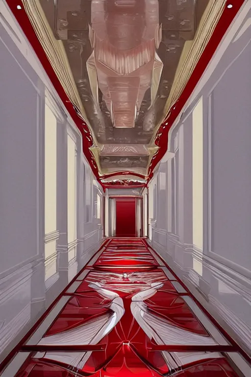 Prompt: art deco hallway, red and white plastic, ultra detail, photoreal, professionally retouched, wide angle, 8 k high definition, insanely detailed, intricate, elegant, art by artgerm and wlop