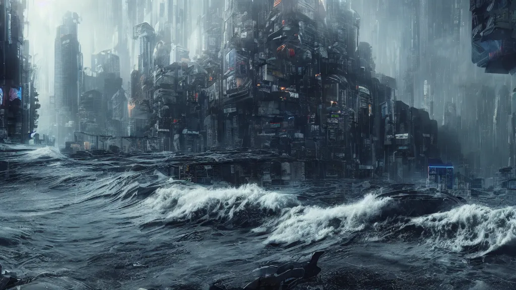 Prompt: a terrifying wave destroying a dystopian city, cyberpunk, sharp focus, dynamic lights, still, photograph, hyper realistic, masterpiece, octane render, rendered, 3 d, cinematic, cinematic lighting, dramatic lighting, highly detailed, intricate details, texture, cinematic composition, wide shot, by donglu yu and kevin jick and eddie del rio