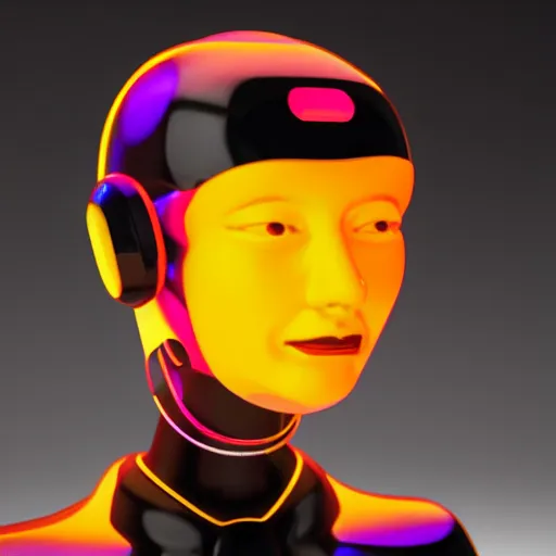Image similar to a glossy claymodel of a tribal futurism robot head with glowing headphones, 8 k, symetrical, flourescent colors, halluzinogenic, multicolored, very detailed, black background, 3 d render,