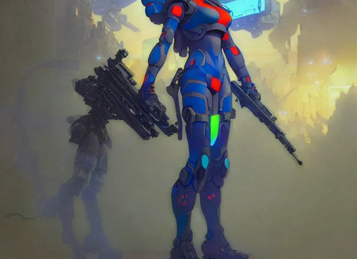 Image similar to character design digital 2 d women indian evangelion cyborg blue armor with and hologram gun by gaston bussiere, anna nikonova aka newmilky, greg rutkowski, yoji shinkawa, yoshitaka amano, tsutomu nihei, muira, moebius, donato giancola, trending on artstation, featured on pixiv