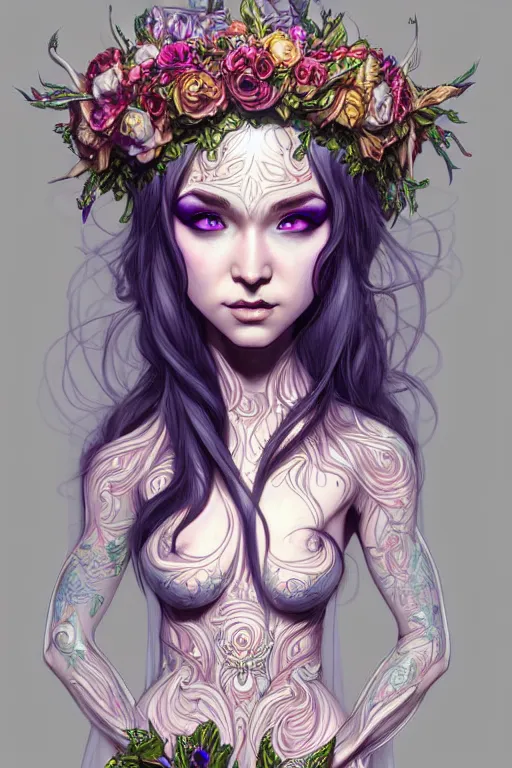 Image similar to digital art, centered full body elven bride, vivid flower crown ,intricate, veins, by James Jean and by artgerm , ultradetailed, charachter design, concept art, trending on artstation,