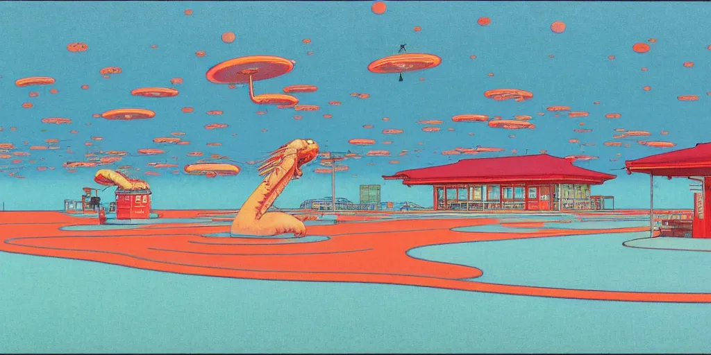 Image similar to electric cats that fly over ice, a lot of tv screens around, shrimps are all over the ground, acid and dreaming psychedelic hallucinations, by kawase hasui, moebius and edward hopper, colorful flat surreal design, hd, 8 k, artstation