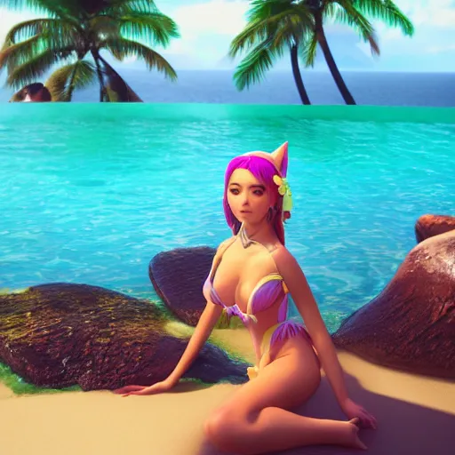 Image similar to beautiful render of Wild Rift's pool party Ahri looking at the horizon in a hawaii beach, 3d, octane render, realistic, highly detailed, trending on artstation