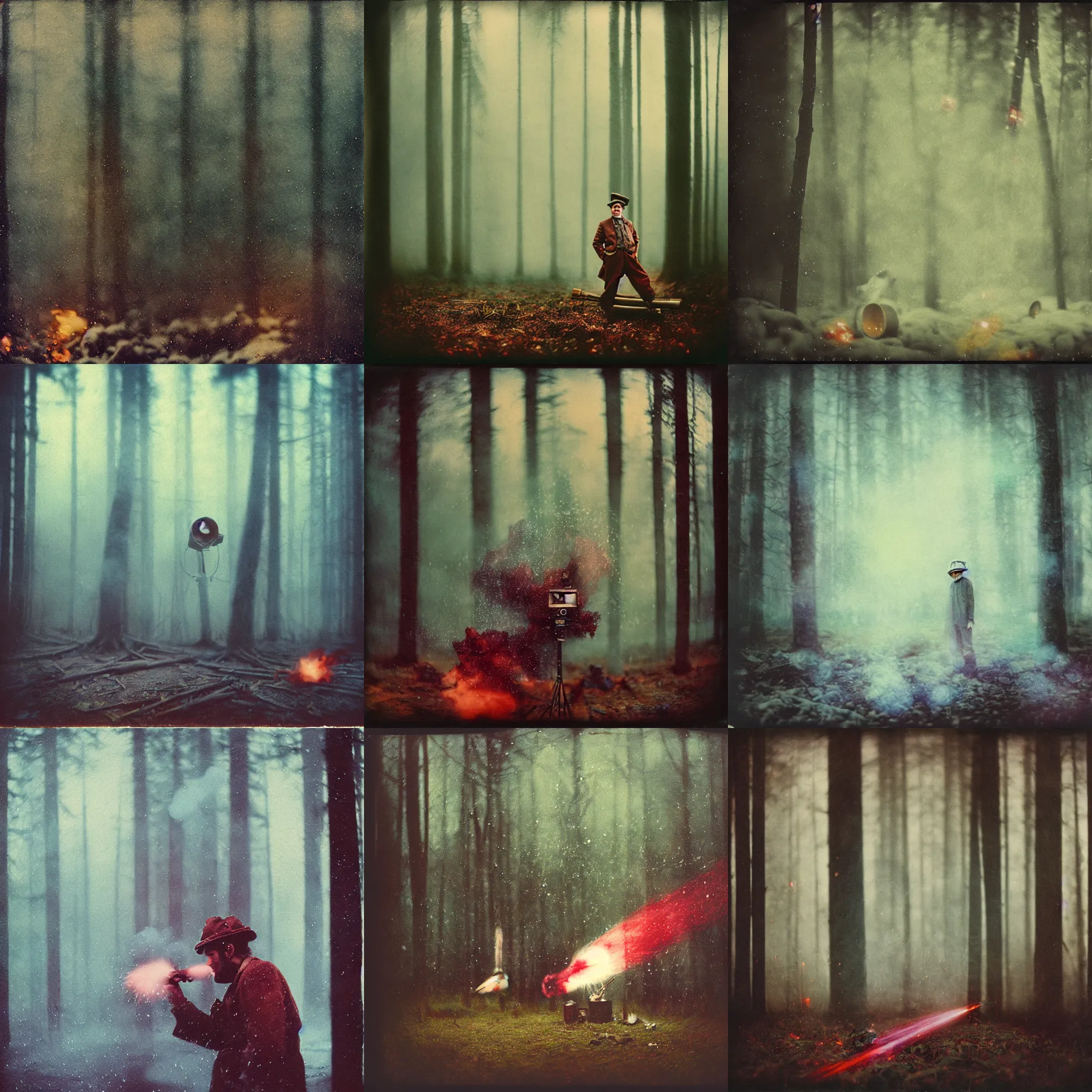 Image similar to kodak portra 4 0 0, wetplate, muted colours, blueberry, 1 9 1 0 s style, motion blur, portrait photo of a backdrop, explosions, rockets, bombs, sparkling, lumberjack, forest, snow, fog, by georges melies and by britt marling