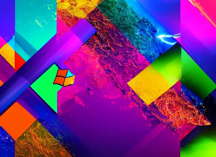 Image similar to the windows 1 1 wallpaper reimagined with neon and bright colours