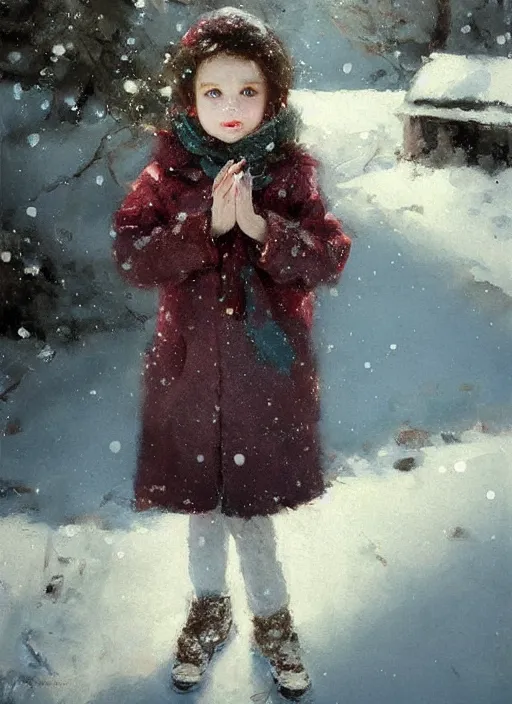 Image similar to a cute little girl with short light brown curly hair and blue eyes standing in the snow wearing winter clothes in jewel tones. beautiful ethereal painting by ruan jia