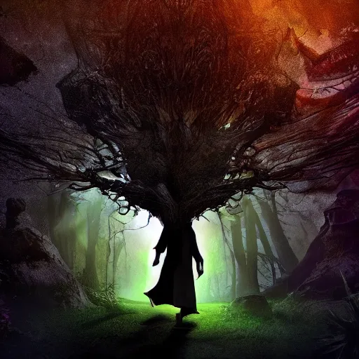 Prompt: a wizard walking towards a ravenous, ominous portal to hades embedded in a creepy tree in a densely overgrown, magical jungle, fantasy, dreamlike sunraise, stopped in time, dreamlike light incidence, ultra realistic