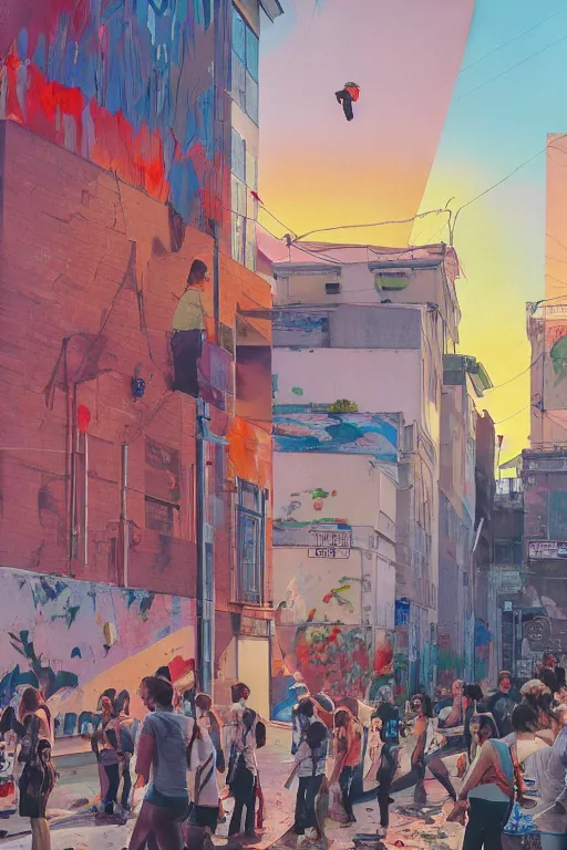 Prompt: people in a busy city people looking at a white building covered with a 3d graffiti mural with paint dripping down to the floor, hiroshi yoshida, painterly, yoshitaka Amano, artgerm, moebius, loish, painterly, and james jean, illustration, sunset lighting