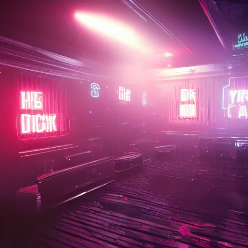 Prompt: dark cyberpunk nightclub, hyperrealistic, volumetric lighting, highly detailed, featured on artstation