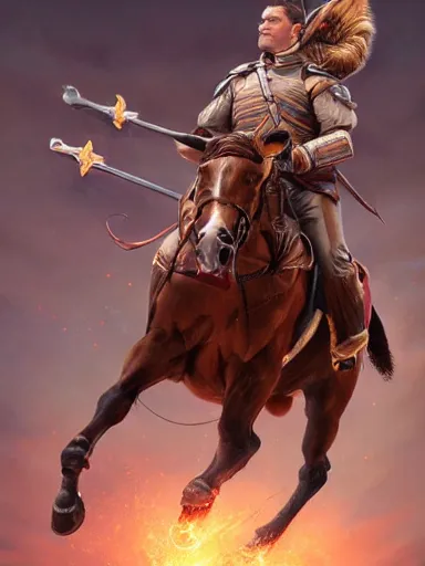 Image similar to a handsome man, happy and disarmed, laurels of glory, returns to home triunphantly mounted in a horse. full of pride. victorirous. prideful.. intricate, elegant, highly detailed, digital painting, artstation, concept art, sharp focus, illustration, by justin gerard and artgerm, 8 k