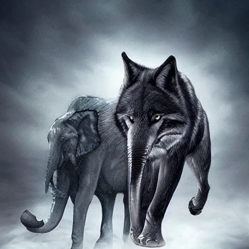 Image similar to a wolf merged with an elephant, photomorph artwork, high quality,!! photorealistic