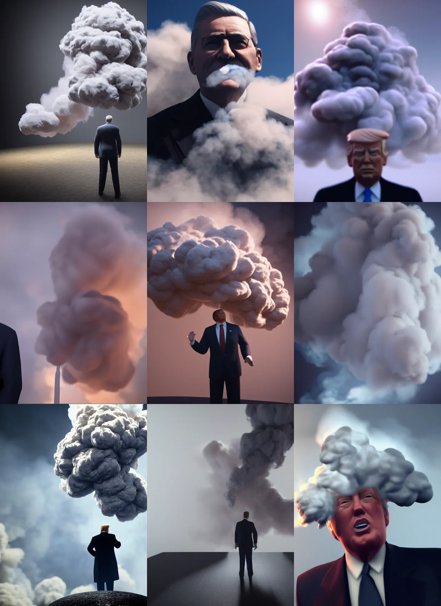 Prompt: president of the united states rising from a cloud of smoke, volumetric, octane render, raytracing, 1 9 4 1, 2 0 th century, dignifying, unreal engine