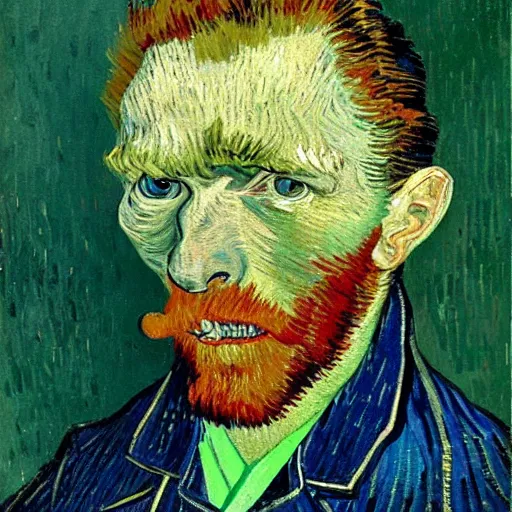 Prompt: van gogh painting of a man with insects in his eyes, bloody face, ugly teeth