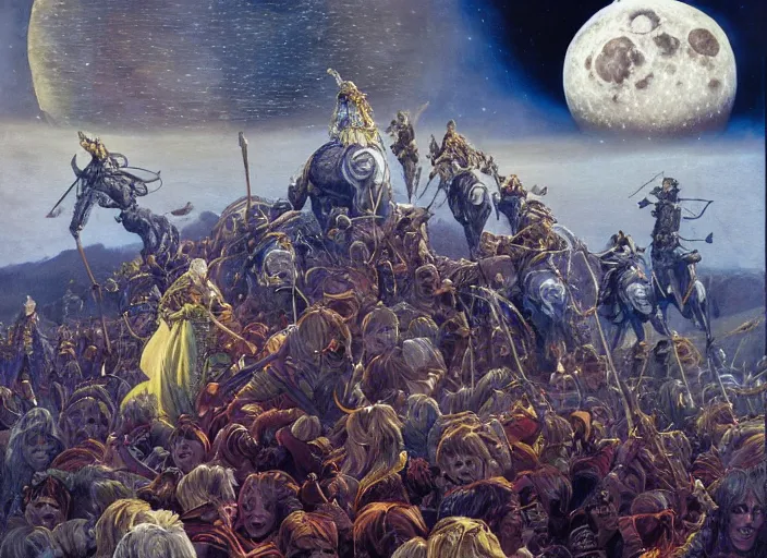 Image similar to beautiful as the moon, terrible as an army with banners. art by james c. christensen and james gurney