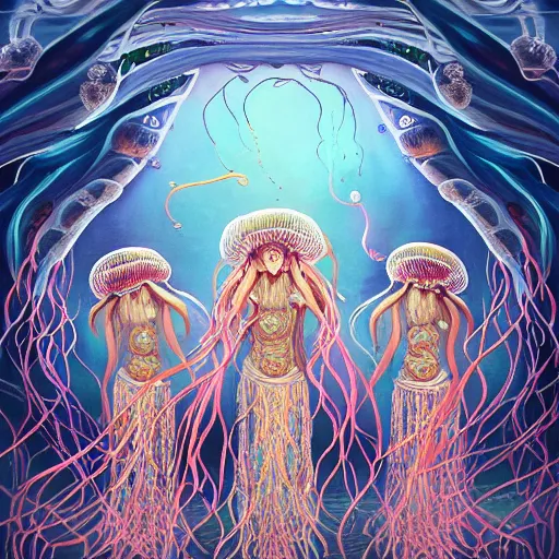 Image similar to A painting of priestesses worshipping at the jellyfish temple, shrouded in mist, jellyfish god, jellyfish priestess, jellyfish shrine maiden, 8K, illustration, art by Kyuyong Eom, smoke, undersea temple with fish, cinematic, insanely detailed and intricate, hypermaximalist, elegant, super detailed, award-winning, magenta and crimson and cyan, rainbow accents, iridescence, bioluminescence, mysterious, ancient, ritual, trending in cgsociety, artstation HQ, ornate, elite, haunting, matte painting, beautiful detailed, insanely intricate details, dreamy and ethereal, otherworldly