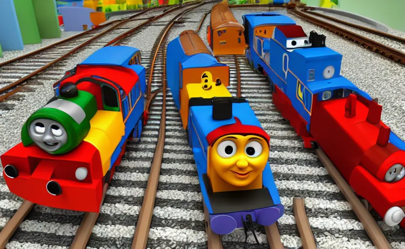 Prompt: four trains on tracks named speedy, sally, paul, and miguel : : children's show : : in the style of thomas the tank engine : : photography, 3 d render, happy mood