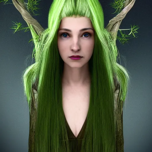 Prompt: salix babylonica tree leaves as hair, female elf with green skin with hair made from leaves from weeping willow tree, elf smiling, fantasy, cgi, detailed eyes, in style of lord of the rings