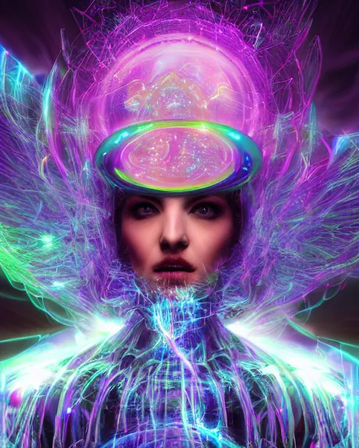 Image similar to a powerful energy psychedelic matrix sorceress, by alexander fedosav, hyper detailed digital matte painting, concept art, hyperrealism, 1 6 k resolution, cinema 4 d, 8 k resolution, trending on artstation, behance hd, a masterpiece, by stephan martiniere, particles, cel - shaded, power bright neon energy, by david a. hardy,