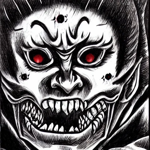 Prompt: a scary oni mask drawn by junji ito