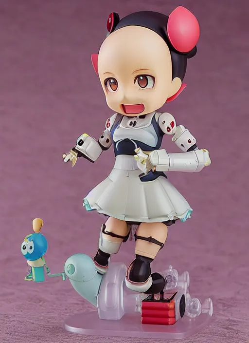 Image similar to a grotesque oil painting of a kawaii mecha musume girl nendoroid caricature with a big dumb grin featured on wallace and gromit by arthur szyk