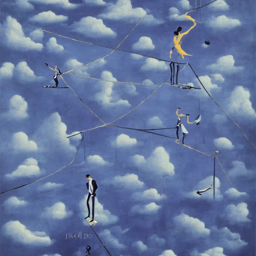 Image similar to surrealist artwork about following a tightrope artist who walks among clouds and falls down a city of illusions '. blue indigo colour scheme