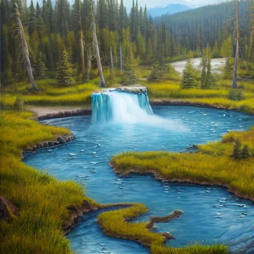 Image similar to highly detailed oil painting of a dragon resting in a hotspring at yellowstone national park, featured on artstation