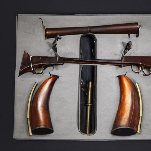 Prompt: a very detailed photo of george washinton's two flintlock pistols, museum, 8k, studio lighting,photograph, shot on iphone, 2022, full view, wideshot