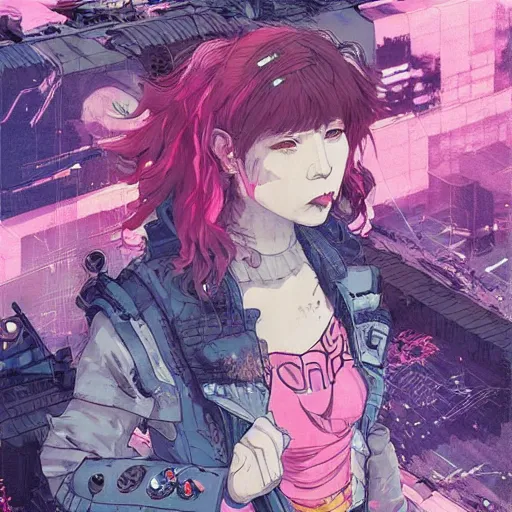 Prompt: portrait of a grungy cyberpunk anime in battle pose!!, very cute, by super ss, cyberpunk fashion, curly pink hair, night sky by wlop, james jean, victo ngai, muted colors, highly detailed