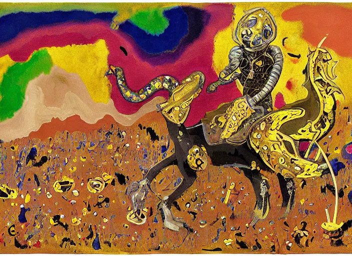 Image similar to expressionistic, pixels, decollage painting golden armor alien zombie horseman riding on a crystal bone dragon broken rainbow diamond maggot horse in a blossoming meadow full of colorful mushrooms and golden foil toad blobs in a golden sunset, distant forest horizon, painted by Mark Rothko, Helen Frankenthaler, Danny Fox and Hilma af Klint, low bit, pixel mosaic, semiabstract, color field painting, byzantine art, voxel art, pop art look, naive, outsider art. Barnett Newman painting, part by Philip Guston and Frank Stella art by Adrian Ghenie, 8k, extreme detail, intricate detail, masterpiece