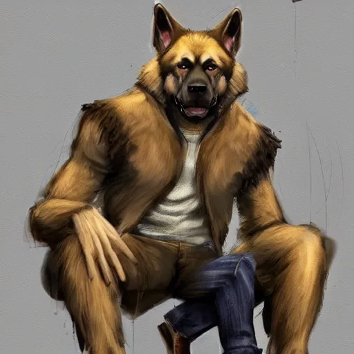 Prompt: a humanoid german shepherd beast - man, sitting on a couch and puts on jeans, artstation, concept art, smooth, sharp foccus ilustration, artstation