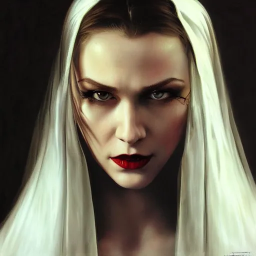 Prompt: close up face of a extremely beautiful bond female VAMPIRE portrait, Masterpiece, oil on canvas, artgerm, norman rockwell, craig mulins, trending on pxiv,