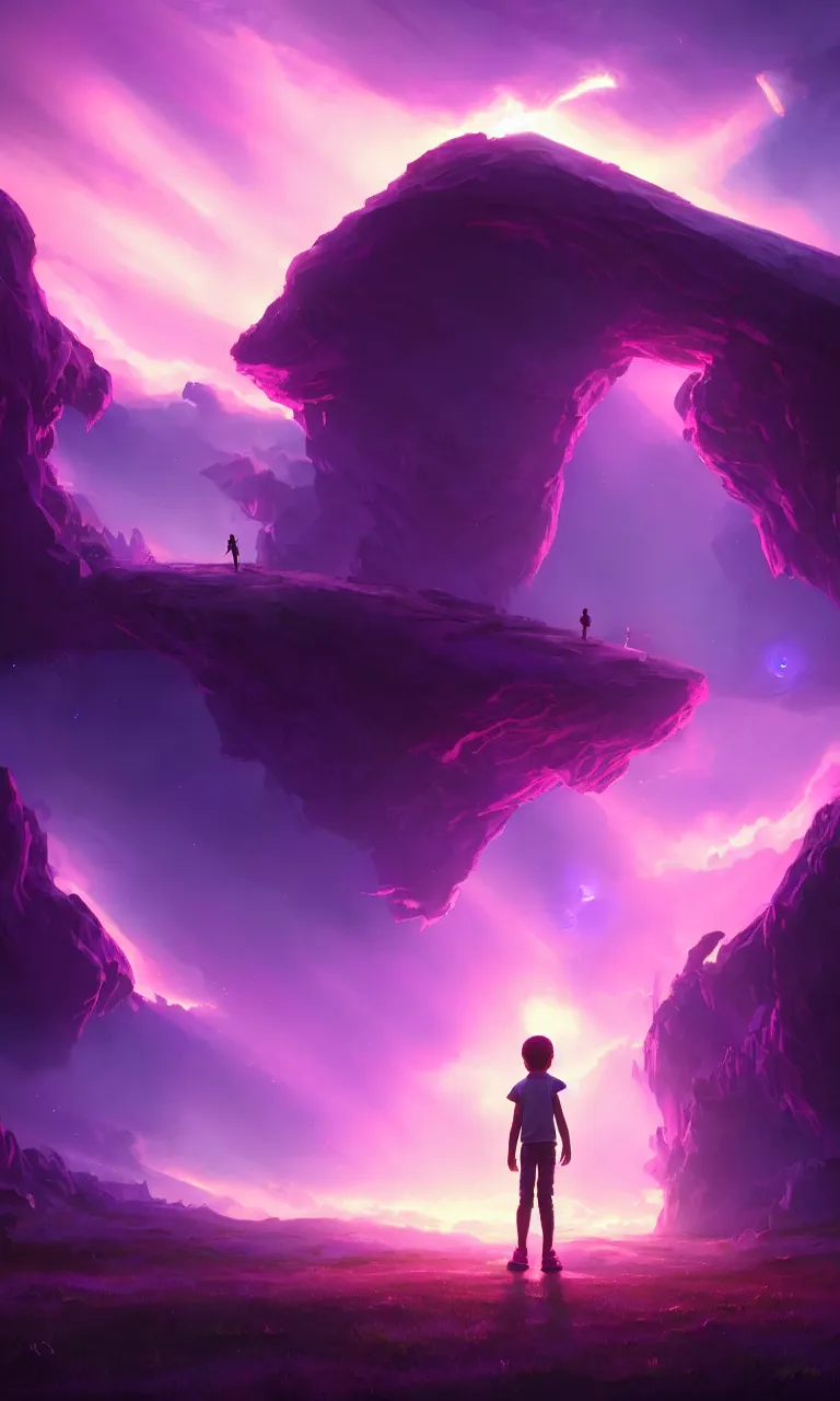Prompt: a kid standing in front of the glowing purple portal to go to another place, cinematic view, epic sky, detailed, concept art, low angle, high detail, warm lighting, volumetric, godrays, vivid, beautiful, trending on artstation, by jordan grimmer, huge scene, grass, art greg rutkowski