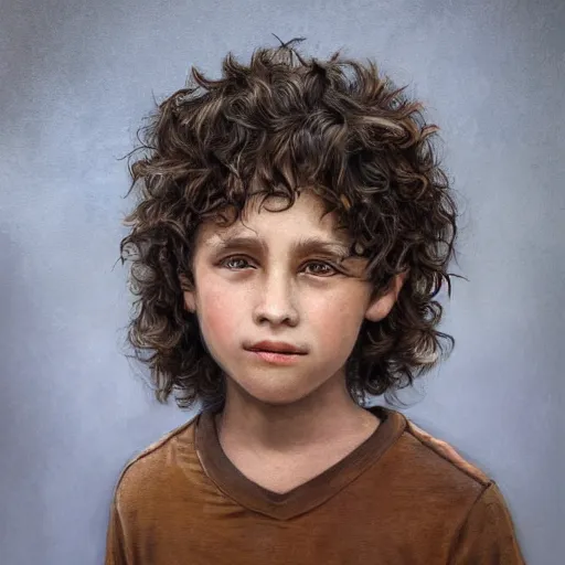 Image similar to a detailed portrait of a ten year old boy, he has short curly brown hair, brown eyes and white skin, fantasy art illustration, incredibly highly detailed and realistic, 8 k, sharp focus