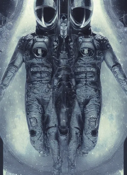 Prompt: symmetrical astronauts in dark and empty void underwater - complex and hyperdetailed technical suit. reflection and dispersion materials. rays and dispersion of light. volumetric light. 5 0 mm, f / 3 2. noise film photo. flash photography. ultra realistic, wide angle. poster by wayne barlowe, hajime sorayama aaron horkey, craig mullins