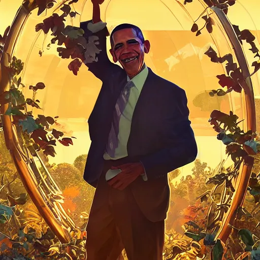 Image similar to clear portrait of obama, adorable appearance!!!, golden hour, happy apearance, cottagecore!!, background hyper detailed, character concept, full body, dynamic pose, intricate, elegant, highly detailed, digital painting, artstation, concept art, smooth, sharp focus, illustration, art by artgerm and greg rutkowski and alphonse mucha